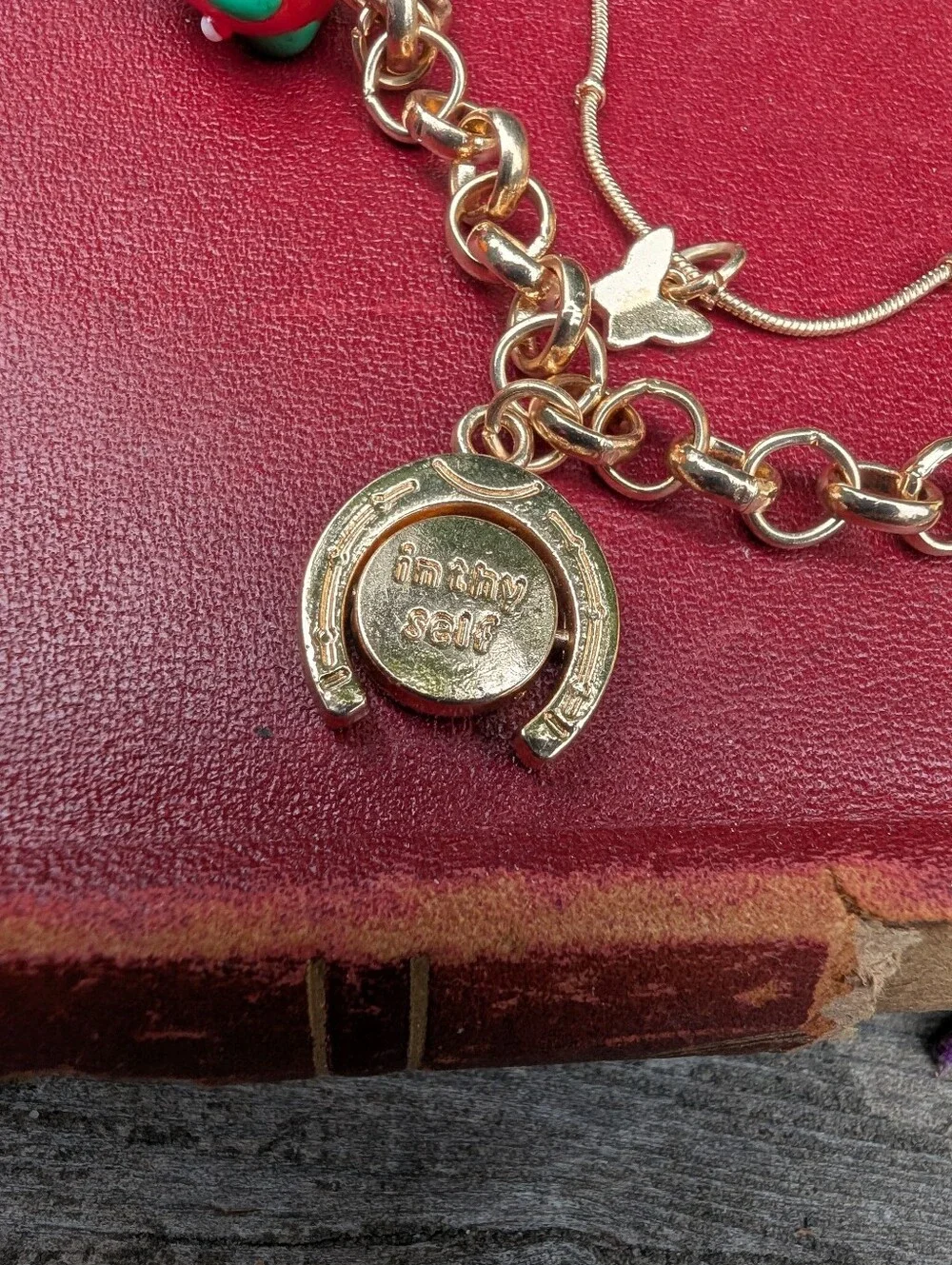 Gold-Tone Charm Necklace with Red Strawberry and Glass Heart